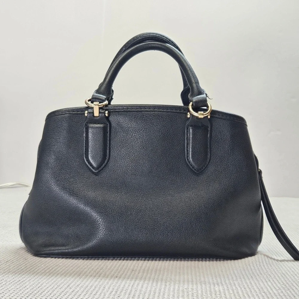 Nine West Black Pebbled Faux Leather Satchel Bag Gold Hardware Three Compartment